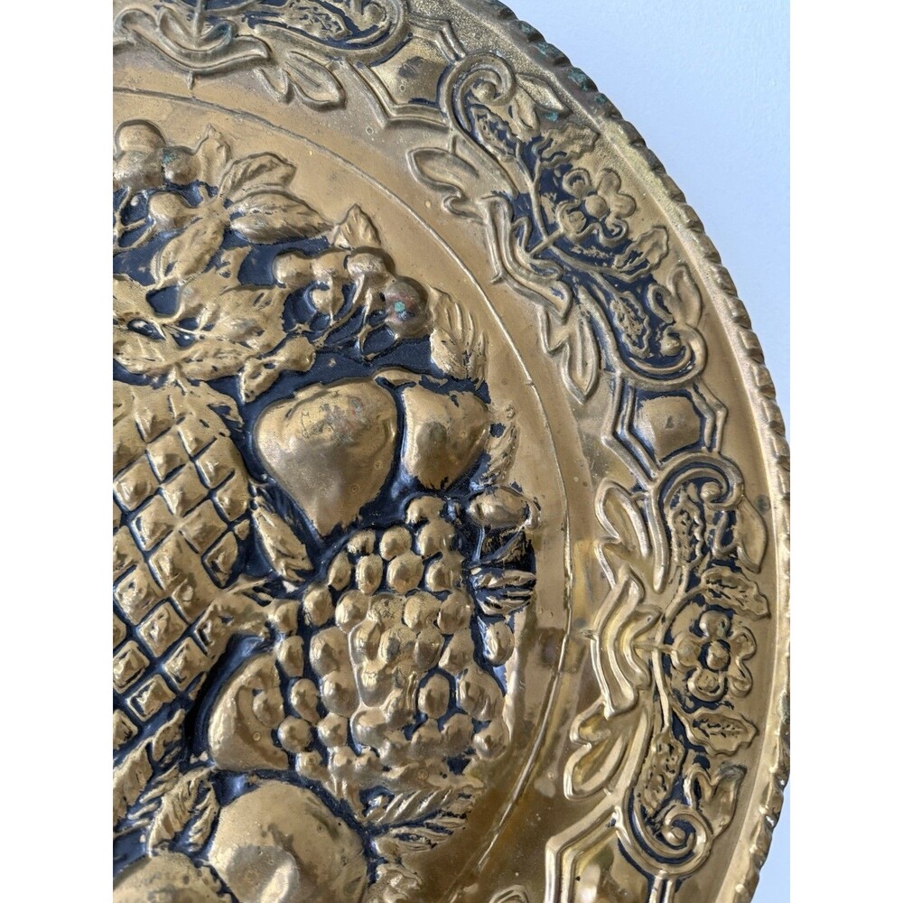 Brass 14" Wall Plate Hanging- Embossed Fruit Design - Made In England Vtg